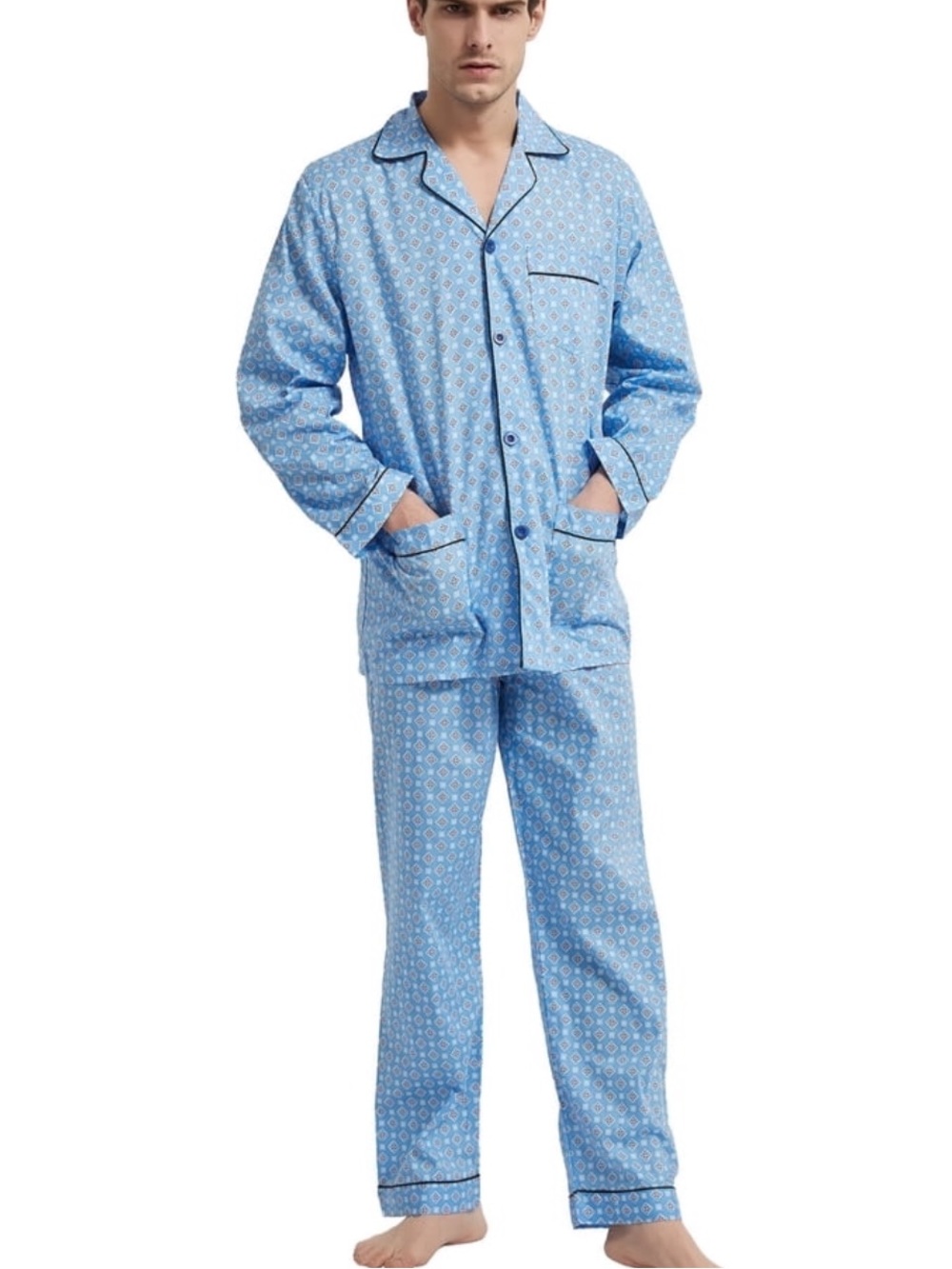 Men's 100% Cotton Light Blue Patterned Pajama Shirt